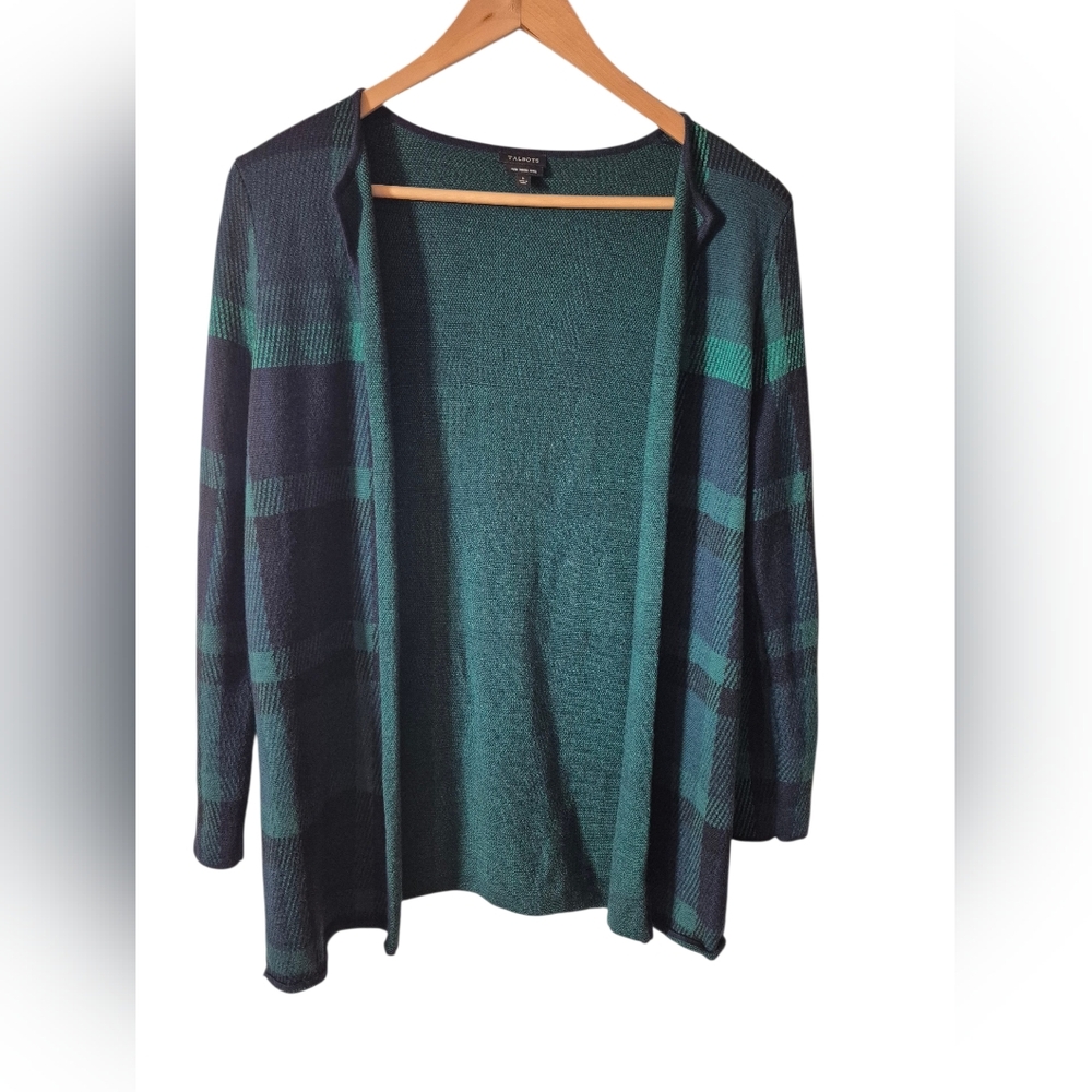 Talbots Merino Wool Plaid Cardigan Sweater Open Front Green Blue Women's Large L - Picture 3 of 6